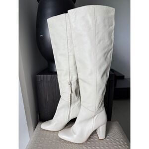 Zara Cream Leather Knee High Heeled Boots Block Heel Size‎ 39 US 8